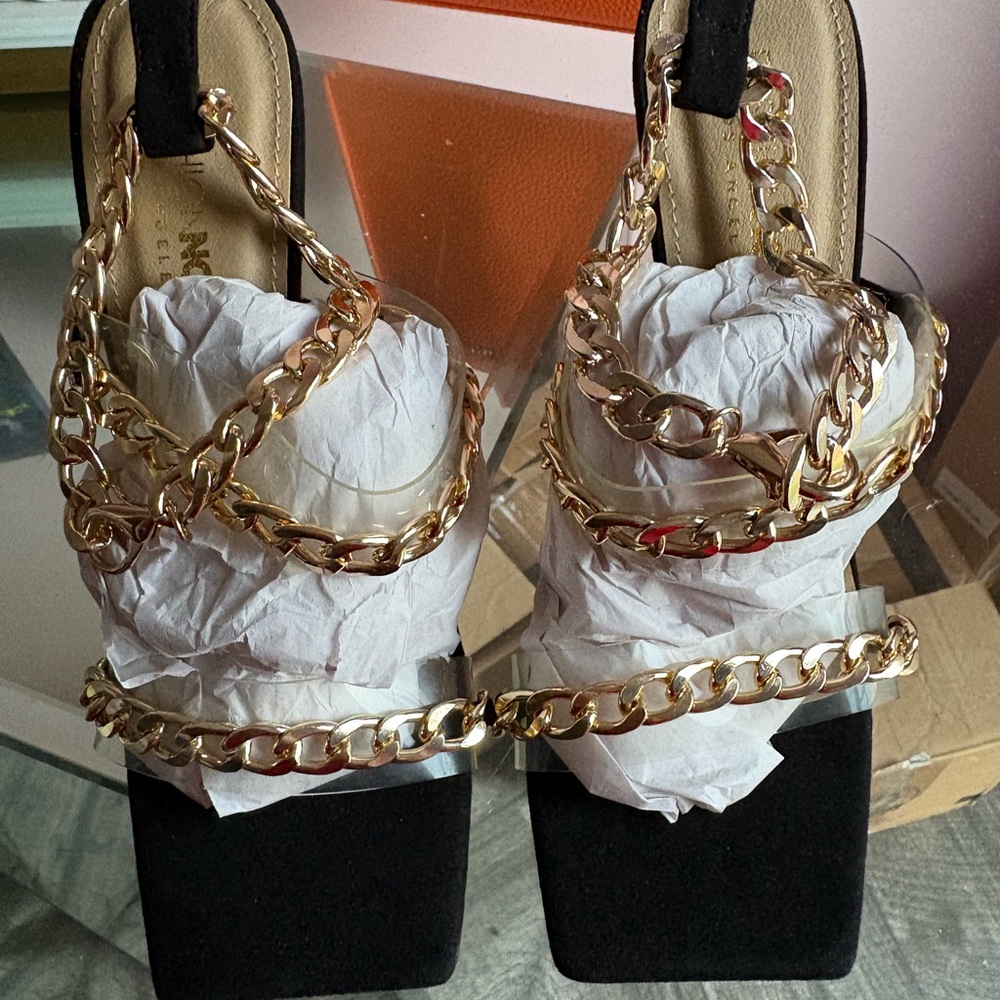 Elegant Black and Gold Chain Strap Heels